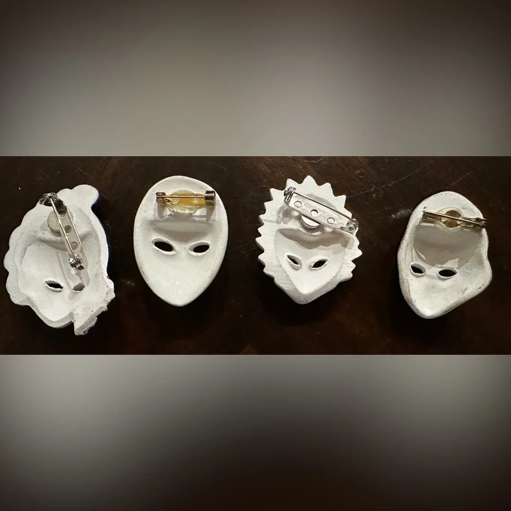 Set of 4 Vintage Mask Brooches | Hand-Painted with Gloss Finish